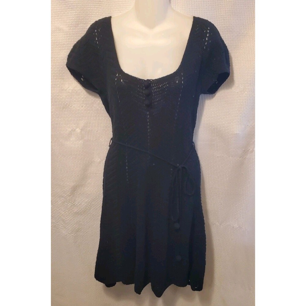 Vtg Betsey Johnson 90s Black Crochet Floral Flare Dress Dress Sz Large Coquette